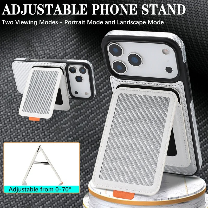 Luxury MagSafe iPhone Case Magnetic Shockproof RFID-Blocking Wallet with Card Holder, Carbon Fiber Texture, Rotating Bracket, Wireless Charging Compatible