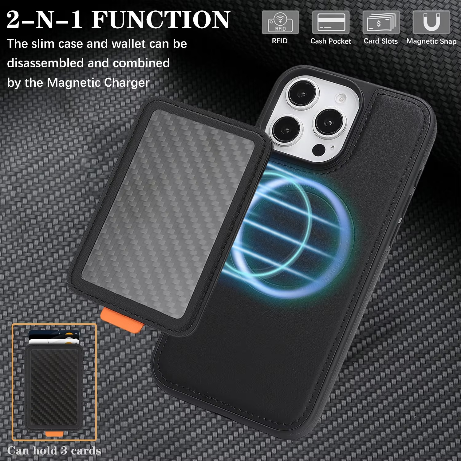 Luxury MagSafe iPhone Case Magnetic Shockproof RFID-Blocking Wallet with Card Holder, Carbon Fiber Texture, Rotating Bracket, Wireless Charging Compatible