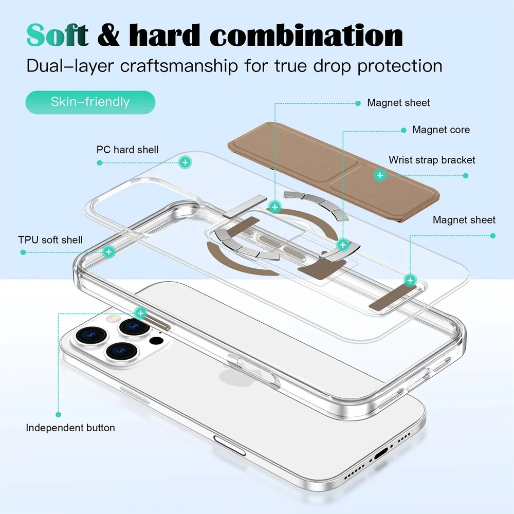 Luxury Magnetic Folding Stand iPhone Case — Shockproof Full Coverage, Anti-Fingerprint, Anti-Scratch, Dustproof, Matte Back Cover with Wristband Holder