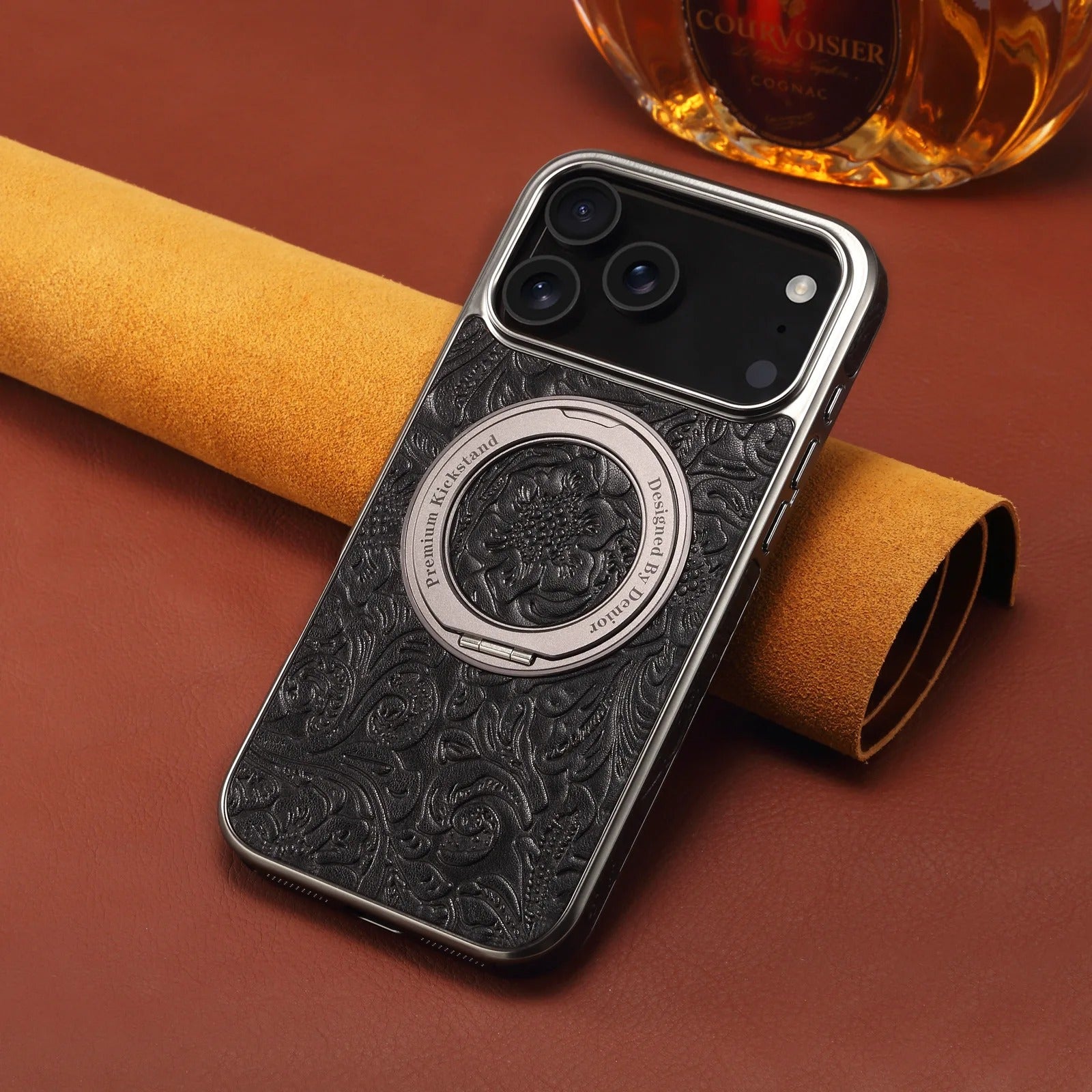 Luxury Magnetic Leather iPhone Case — Retro Tang Floral Cowhide Design with Electroplated Gear Kickstand, Full Coverage Protective Cover