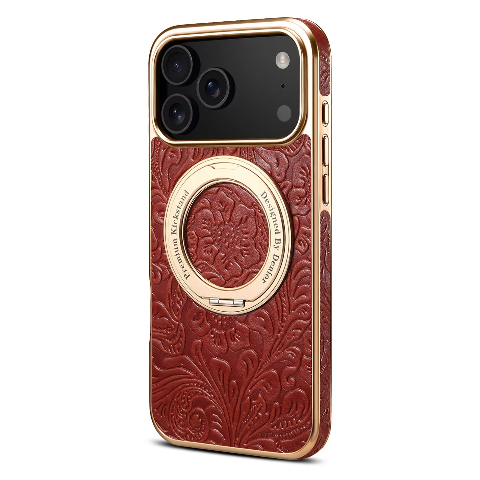 Luxury Magnetic Leather iPhone Case — Retro Tang Floral Cowhide Design with Electroplated Gear Kickstand, Full Coverage Protective Cover