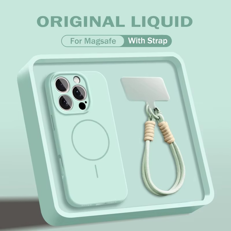 Luxury Magnetic iPhone Case — Liquid Silicone Matte Shockproof Bumper, Wrist Strap Lanyard, Anti-Fingerprint, Anti-Scratch, Dustproof, Non-Slip