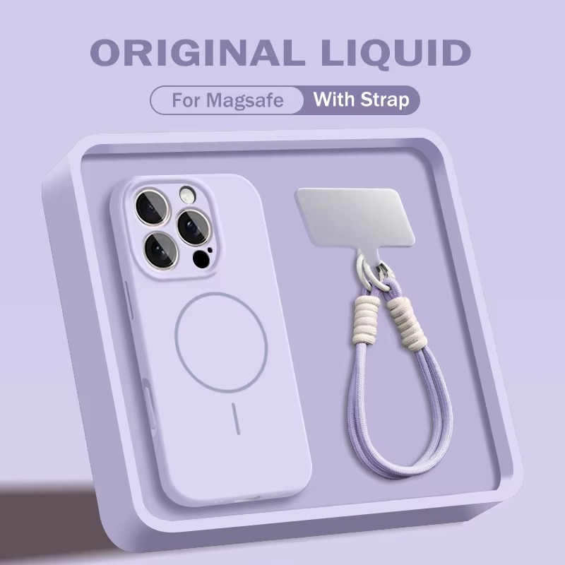 Luxury Magnetic iPhone Case — Liquid Silicone Matte Shockproof Bumper, Wrist Strap Lanyard, Anti-Fingerprint, Anti-Scratch, Dustproof, Non-Slip