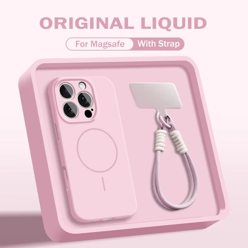 Luxury Magnetic iPhone Case — Liquid Silicone Matte Shockproof Bumper, Wrist Strap Lanyard, Anti-Fingerprint, Anti-Scratch, Dustproof, Non-Slip