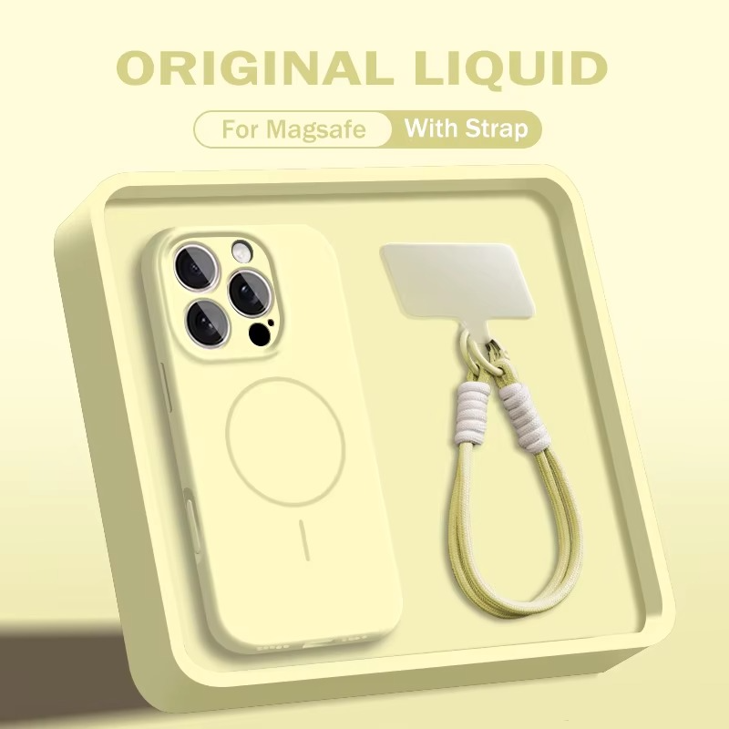 Luxury Magnetic iPhone Case — Liquid Silicone Matte Shockproof Bumper, Wrist Strap Lanyard, Anti-Fingerprint, Anti-Scratch, Dustproof, Non-Slip