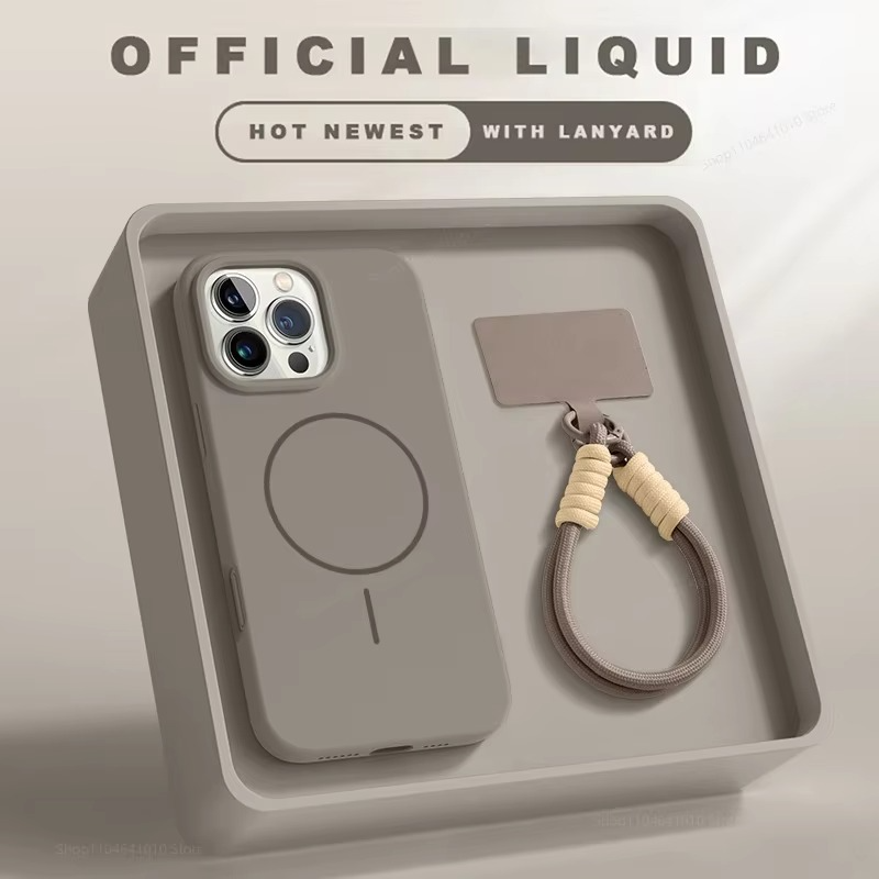 Luxury Magnetic iPhone Case — Liquid Silicone Matte Shockproof Bumper, Wrist Strap Lanyard, Anti-Fingerprint, Anti-Scratch, Dustproof, Non-Slip