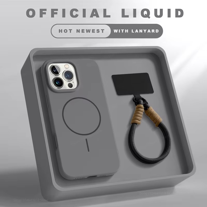 Luxury Magnetic iPhone Case — Liquid Silicone Matte Shockproof Bumper, Wrist Strap Lanyard, Anti-Fingerprint, Anti-Scratch, Dustproof, Non-Slip