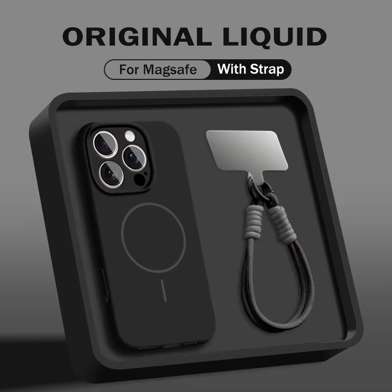 Luxury Magnetic iPhone Case — Liquid Silicone Matte Shockproof Bumper, Wrist Strap Lanyard, Anti-Fingerprint, Anti-Scratch, Dustproof, Non-Slip