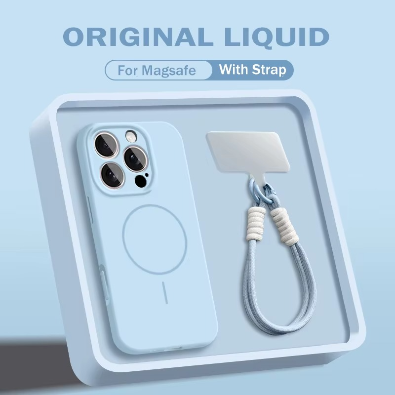 Luxury Magnetic iPhone Case — Liquid Silicone Matte Shockproof Bumper, Wrist Strap Lanyard, Anti-Fingerprint, Anti-Scratch, Dustproof, Non-Slip