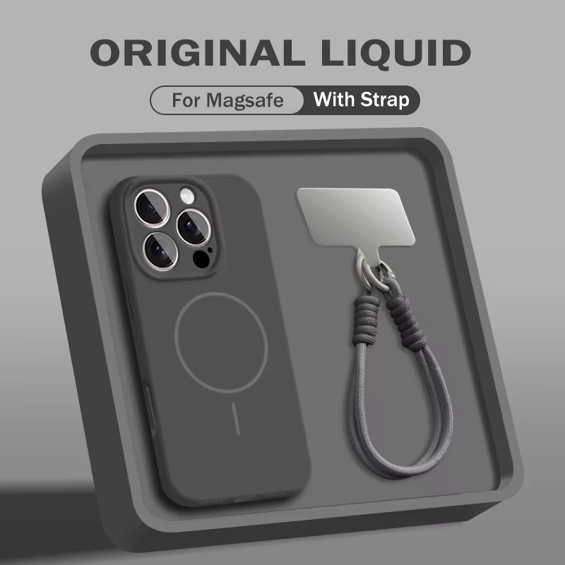 Luxury Magnetic iPhone Case — Liquid Silicone Matte Shockproof Bumper, Wrist Strap Lanyard, Anti-Fingerprint, Anti-Scratch, Dustproof, Non-Slip
