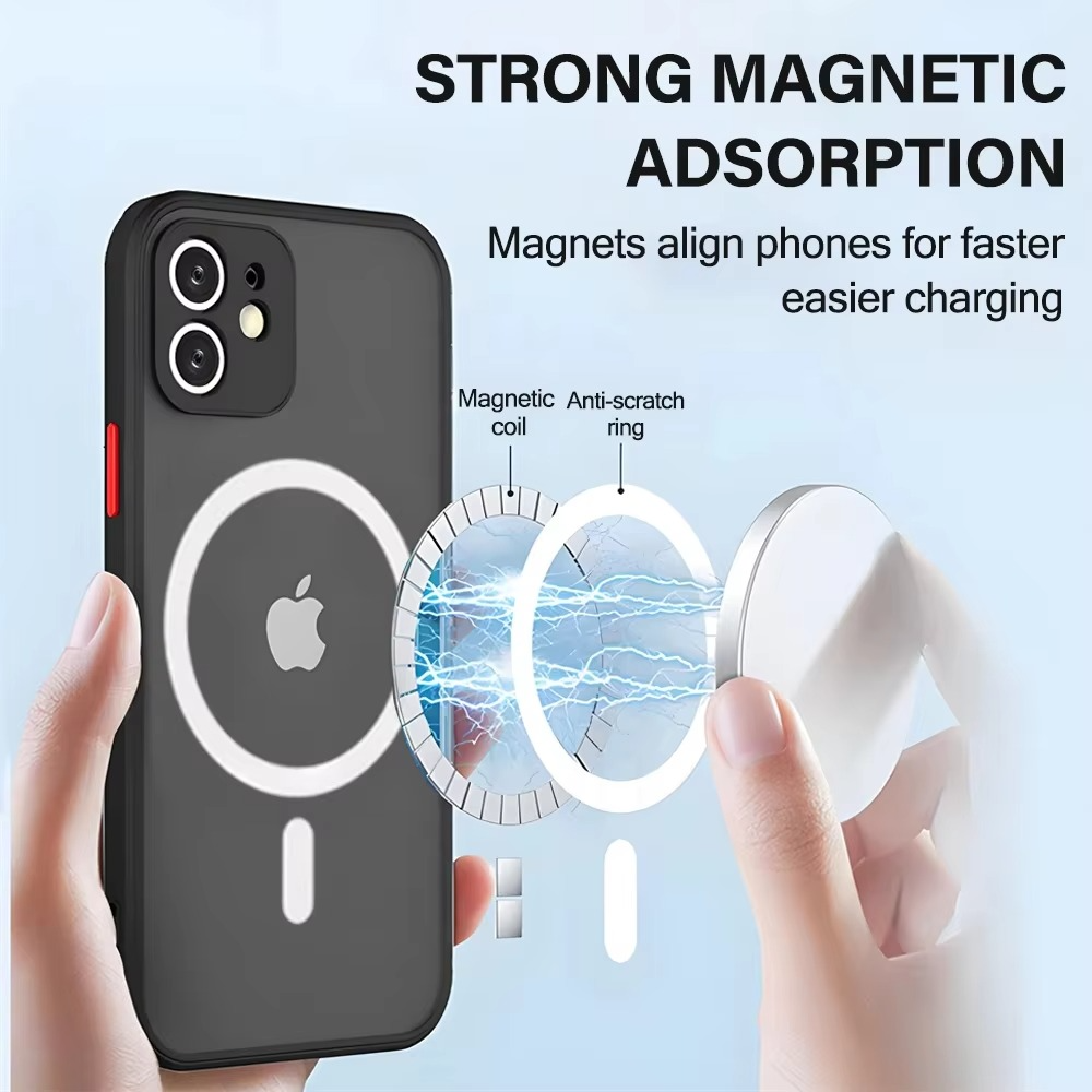 Luxury Magnetic iPhone Case — Matte Soft Silicone Cover, Color Collision, Camera Lens Protection, Shockproof, Anti-Scratch, Magsafe Compatible