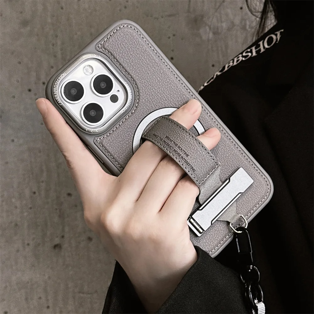 Luxury Magnetic iPhone Case — Shockproof Leather Cover with Crossbody Wrist Strap Rope Holder, Bracket Stand, Full Lens & All-Around Protection