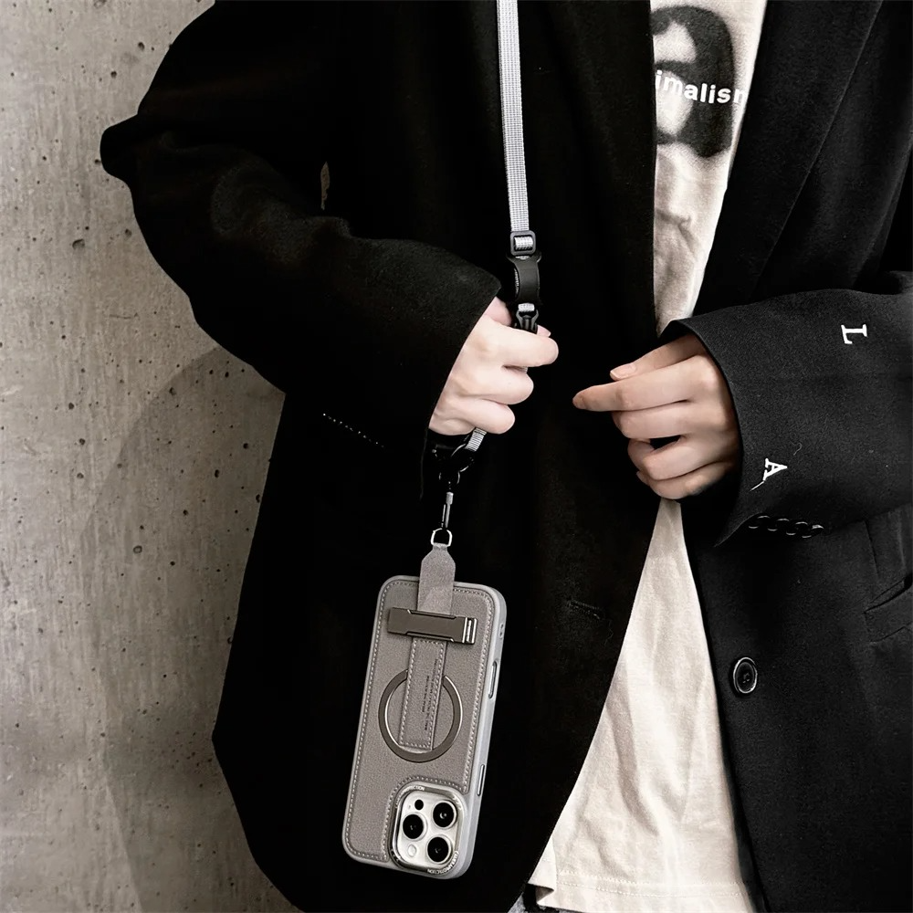 Luxury Magnetic iPhone Case — Shockproof Leather Cover with Crossbody Wrist Strap Rope Holder, Bracket Stand, Full Lens & All-Around Protection