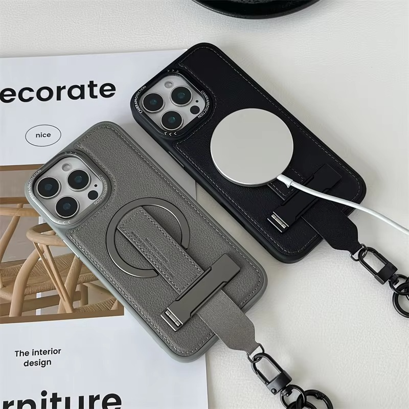 Luxury Magnetic iPhone Case — Shockproof Leather Cover with Crossbody Wrist Strap Rope Holder, Bracket Stand, Full Lens & All-Around Protection