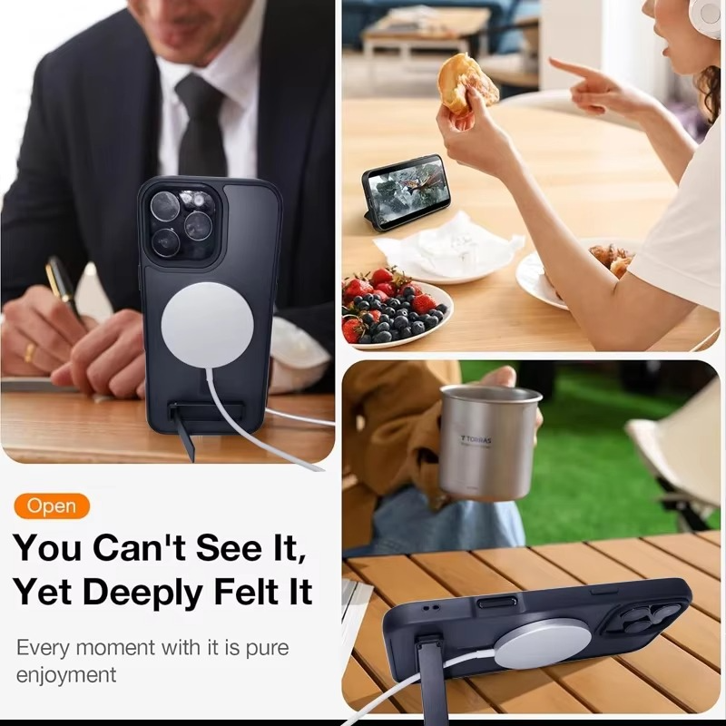 Luxury Magnetic iPhone Case with Kickstand — Translucent PC Cover, Dual Layer Protection, Anti-Fingerprint, Wireless Charging Compatible