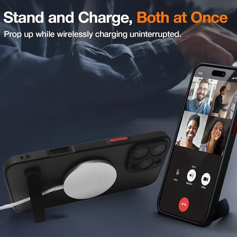 Luxury Magnetic iPhone Case with Kickstand — Translucent PC Cover, Dual Layer Protection, Anti-Fingerprint, Wireless Charging Compatible