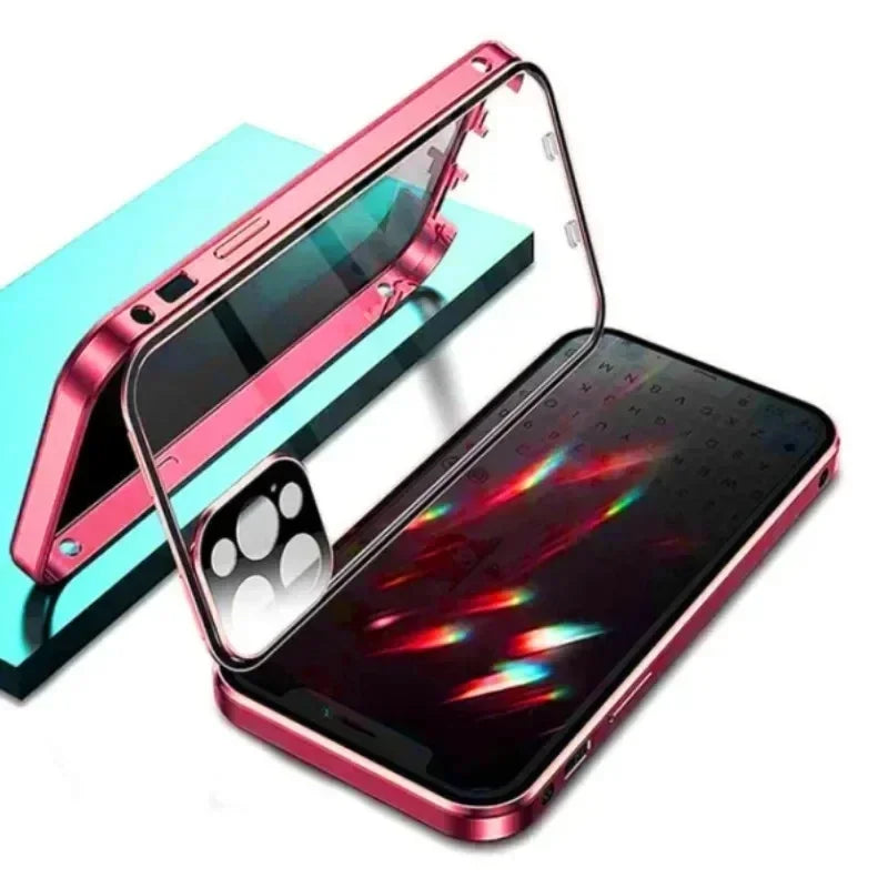 Luxury Metal Magnetic Privacy iPhone Case — 360° Shockproof Full Coverage, Anti-Scratch, Non-Slip, Lightweight Tempered Glass Cover