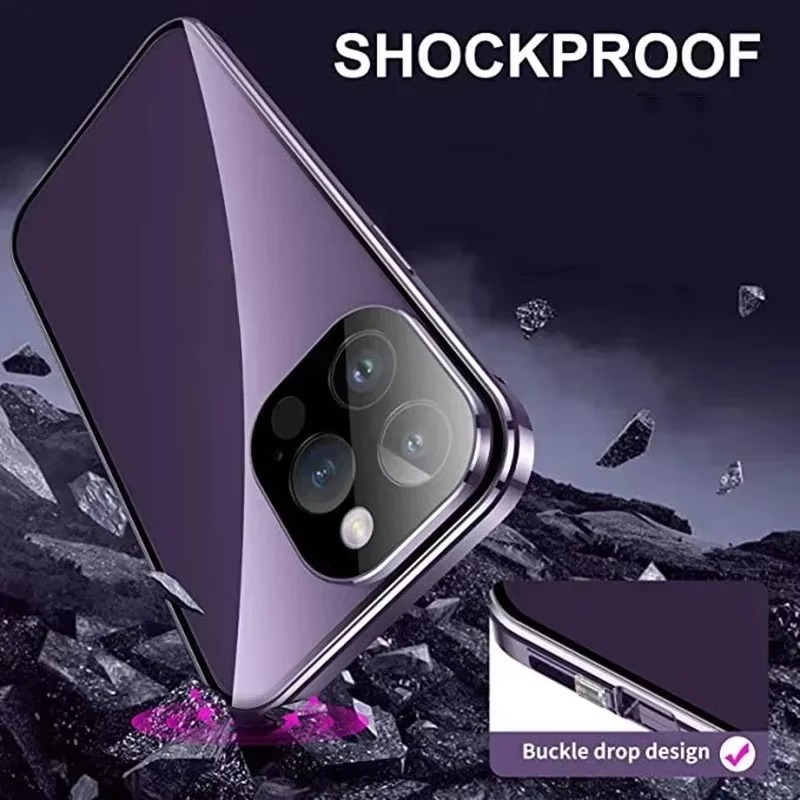 Luxury Metal Magnetic Privacy iPhone Case — 360° Shockproof Full Coverage, Anti-Scratch, Non-Slip, Lightweight Tempered Glass Cover