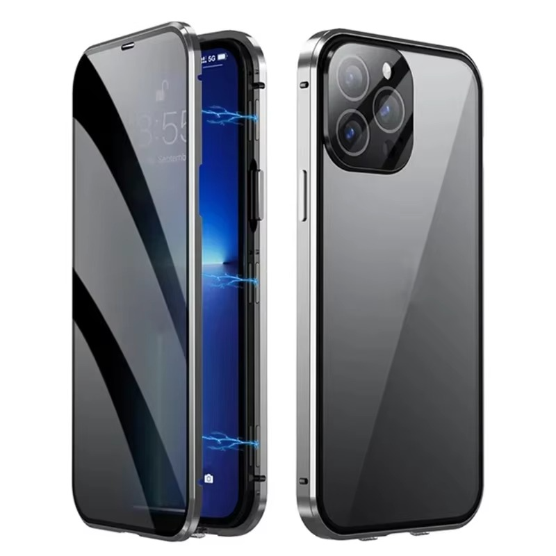 Luxury Metal Magnetic Privacy iPhone Case — 360° Shockproof Full Coverage, Anti-Scratch, Non-Slip, Lightweight Tempered Glass Cover