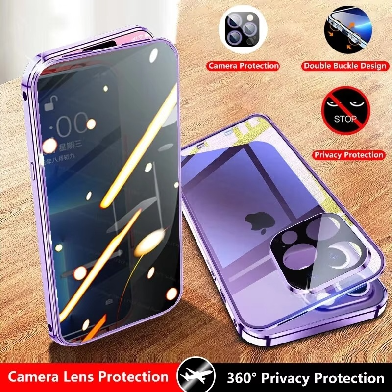 Luxury Metal Magnetic Privacy iPhone Case — 360° Shockproof Full Coverage, Anti-Scratch, Non-Slip, Lightweight Tempered Glass Cover
