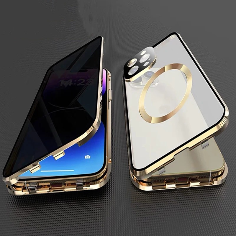 Luxury Metal Magnetic Privacy iPhone Case — 360° Shockproof Full Coverage, Anti-Scratch, Non-Slip, Lightweight Tempered Glass Cover
