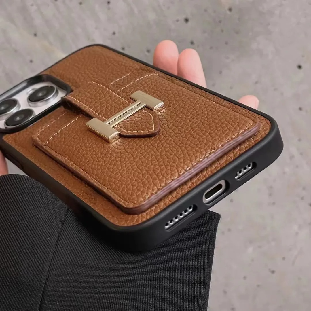 Luxury Vegan Leather Card Slot iPhone Case — Textured Half-Wrapped Cover, Anti-Fingerprint, Dustproof, Stylish Lichee Finish, Full Protection