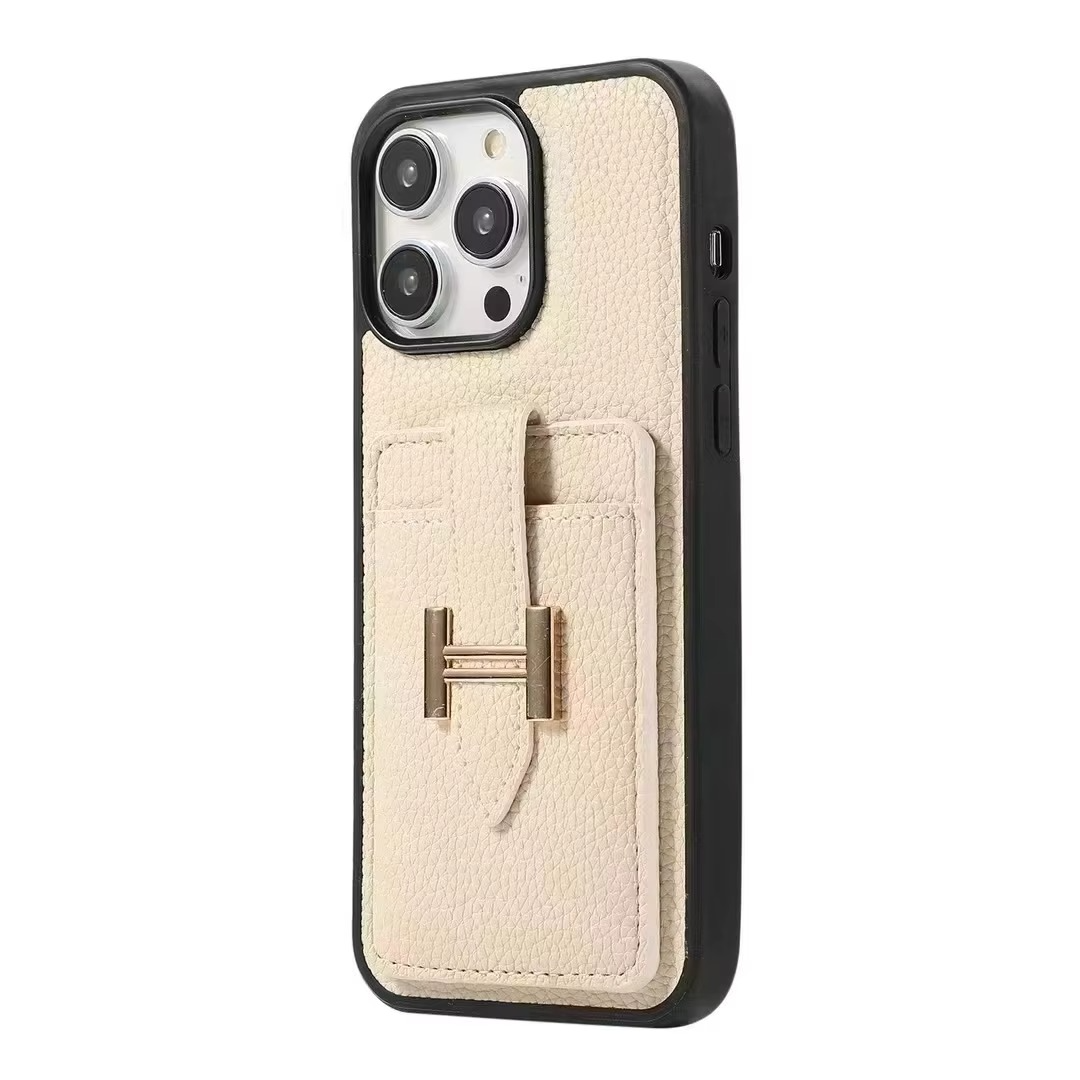 Luxury Vegan Leather Card Slot iPhone Case — Textured Half-Wrapped Cover, Anti-Fingerprint, Dustproof, Stylish Lichee Finish, Full Protection