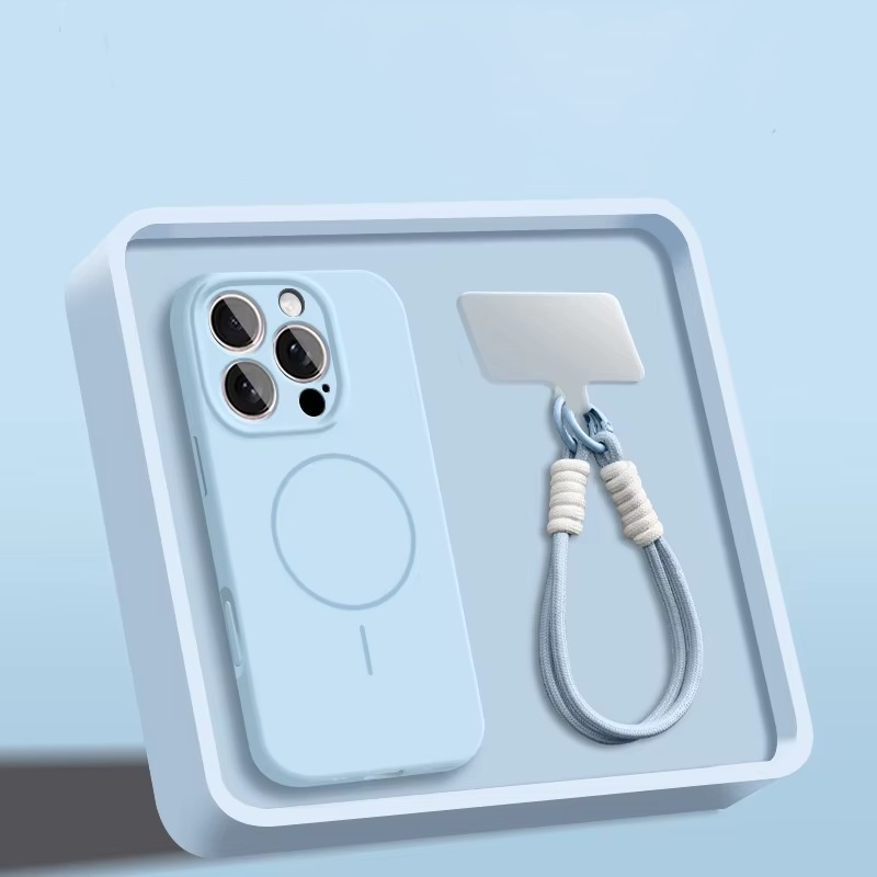 Luxury Magnetic iPhone Case — Liquid Silicone Matte Shockproof Bumper, Wrist Strap Lanyard, Anti-Fingerprint, Anti-Scratch, Dustproof, Non-Slip