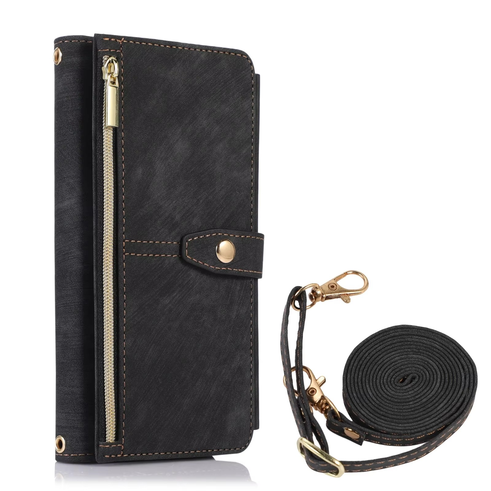 Luxury PU Leather iPhone Case — Crossbody Wallet Cover with Card Holder, Lanyard, Kickstand, Dustproof, and Storage Compartment