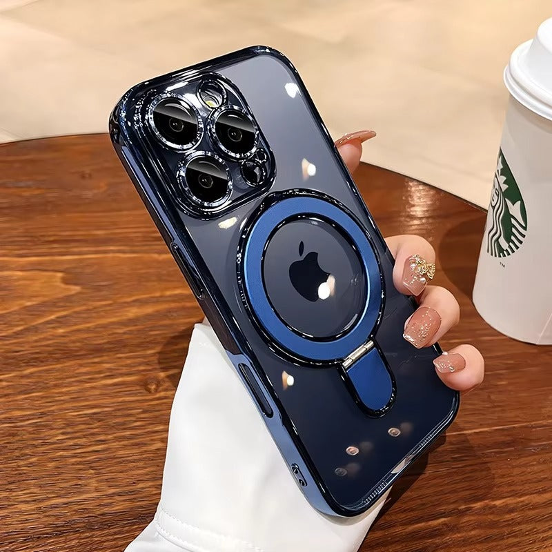 Luxury iPhone Case MagSafe Compatible Clear Acrylic Cover — Plating Finish with Magnetic Stand Holder, Lens Protector, Slim Shockproof Anti-Fingerprint Design