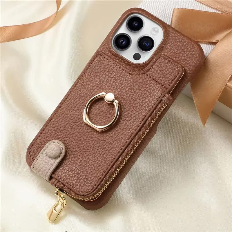 Luxury iPhone Leather Zipper Wallet Case — Card Holder Slot, Ring Kickstand Stand, Magnetic Closure, Shockproof Drop Protection, Anti-Fingerprint Design