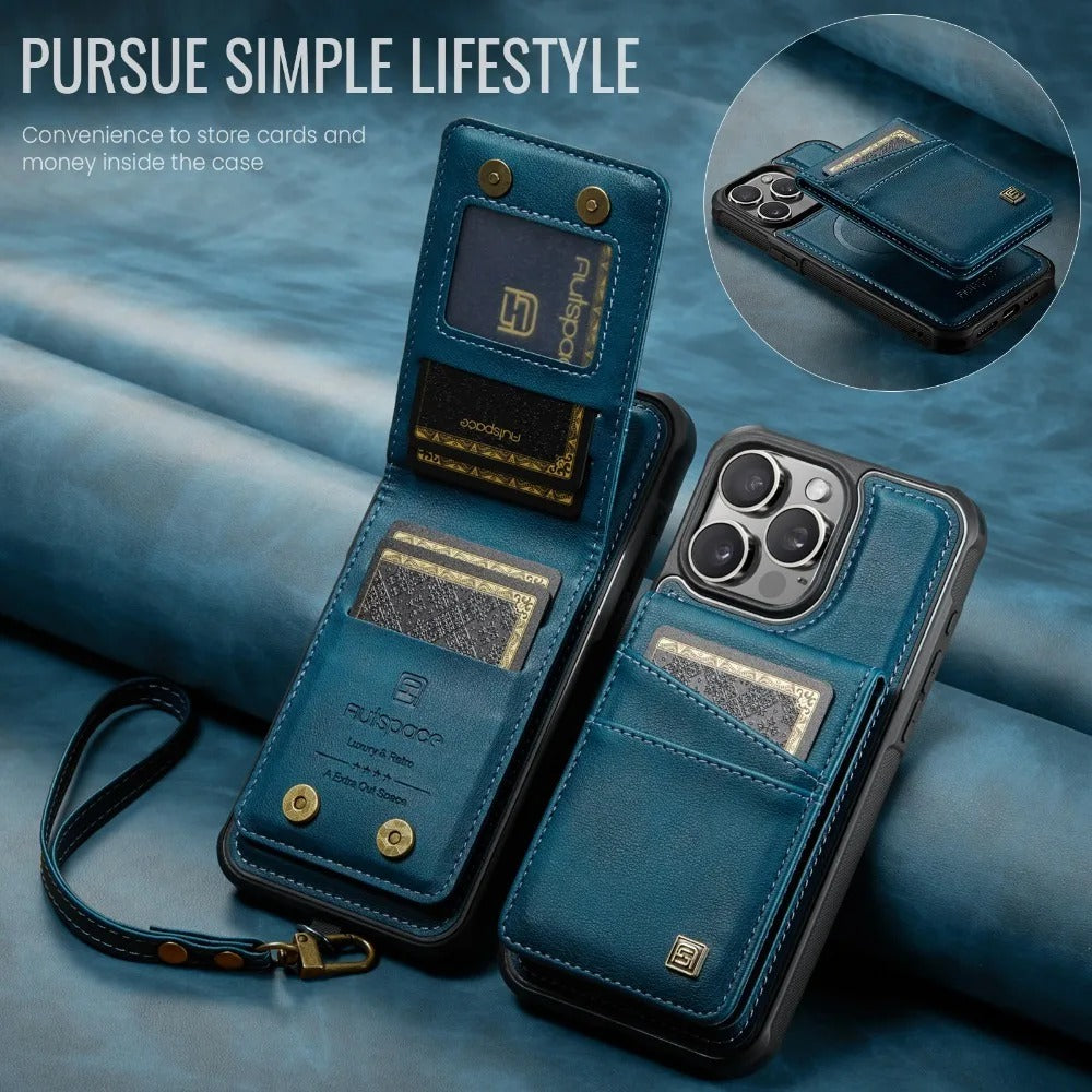 Luxury iPhone 2-in-1 Magnetic Wallet Case — Detachable Leather Cover with Card Holder, Wrist Strap, Shockproof Drop Protection, Full Access Design