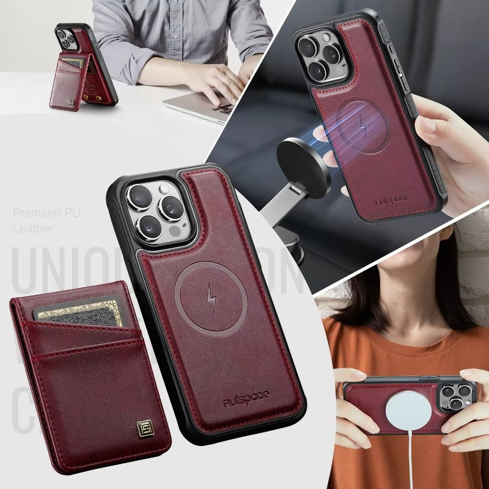 Luxury iPhone 2-in-1 Magnetic Wallet Case — Detachable Leather Cover with Card Holder, Wrist Strap, Shockproof Drop Protection, Full Access Design