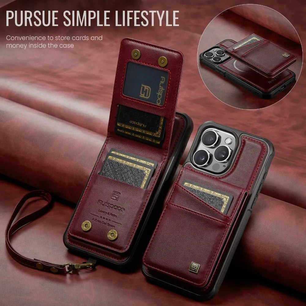 Luxury iPhone 2-in-1 Magnetic Wallet Case — Detachable Leather Cover with Card Holder, Wrist Strap, Shockproof Drop Protection, Full Access Design