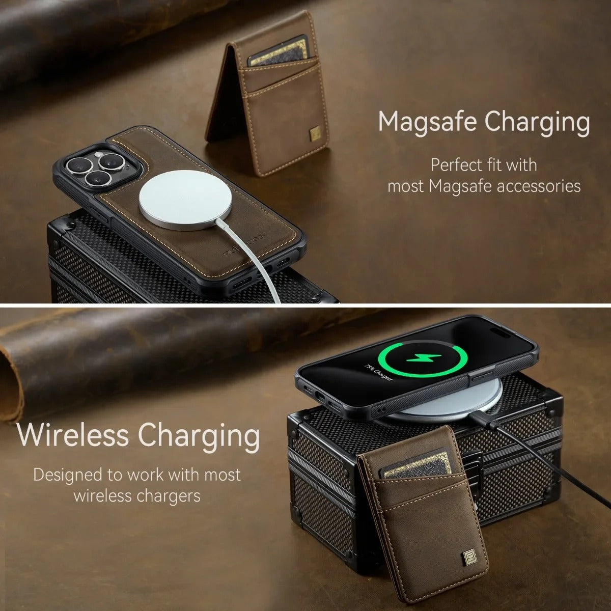 Luxury iPhone 2-in-1 Magnetic Wallet Case — Detachable Leather Cover with Card Holder, Wrist Strap, Shockproof Drop Protection, Full Access Design