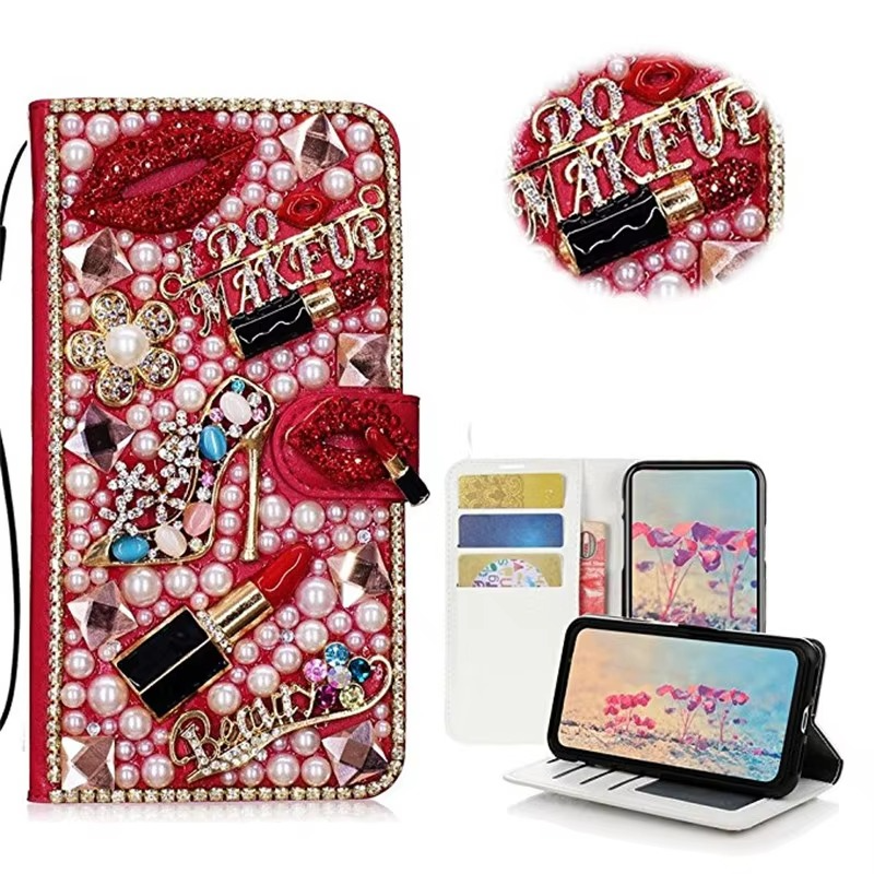 Luxury iPhone Bling Diamond Wallet Case — Flip Leather Cover with Rhinestone Lipstick Design, Card Slot Holder, Shockproof Protection, Stylish Sparkling Finish
