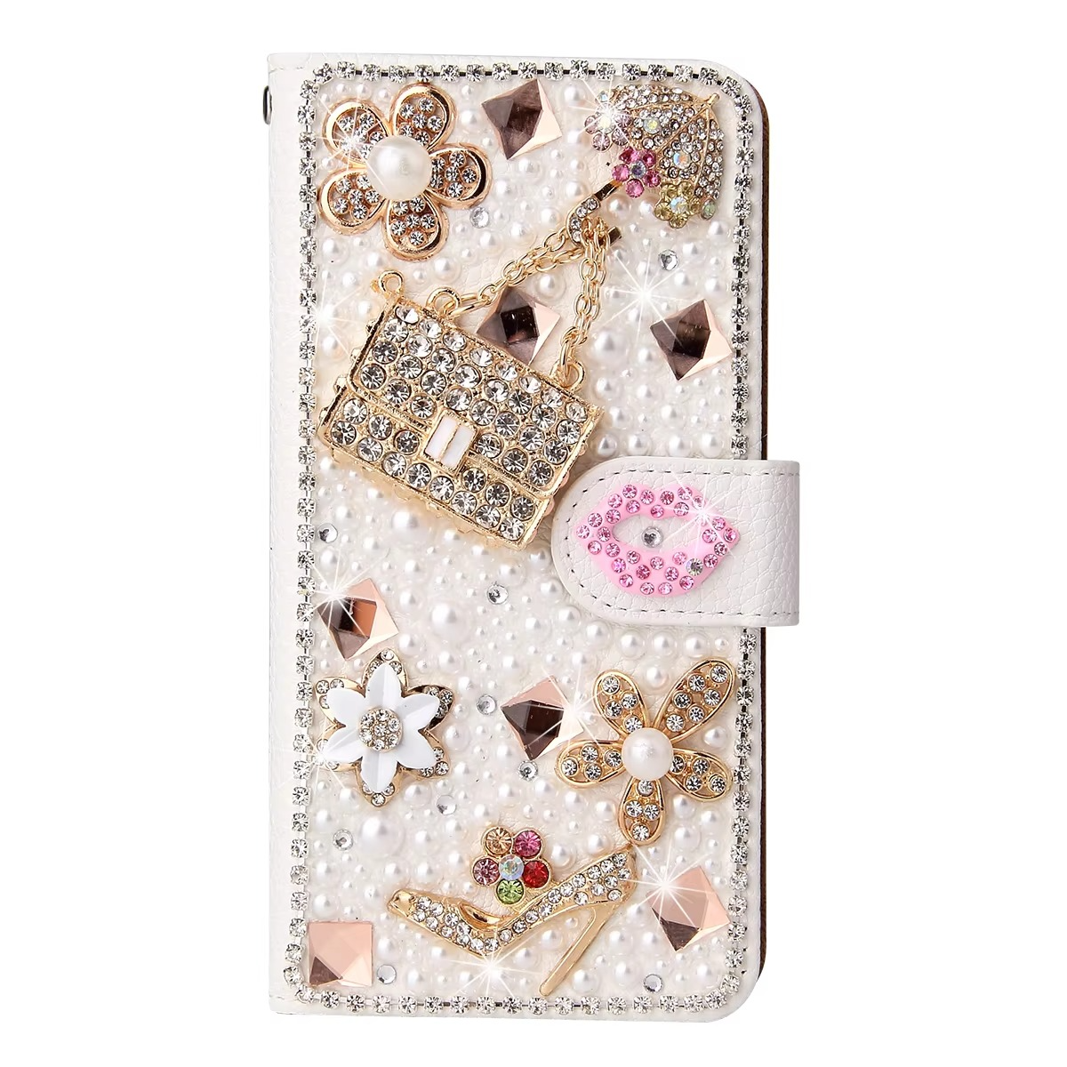 Luxury iPhone Bling Diamond Wallet Case — Flip Leather Cover with Rhinestone Lipstick Design, Card Slot Holder, Shockproof Protection, Stylish Sparkling Finish