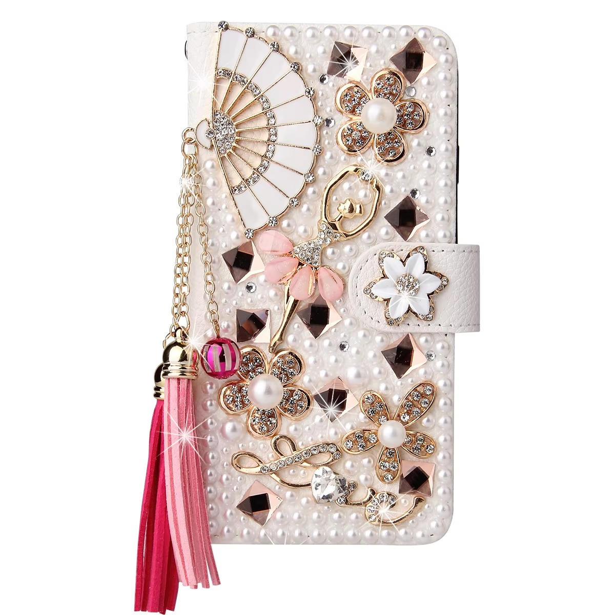 Luxury iPhone Bling Diamond Wallet Case — Flip Leather Cover with Rhinestone Lipstick Design, Card Slot Holder, Shockproof Protection, Stylish Sparkling Finish