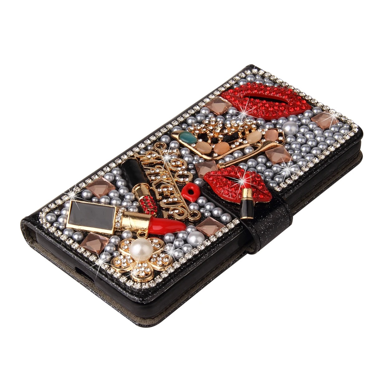 Luxury iPhone Bling Diamond Wallet Case — Flip Leather Cover with Rhinestone Lipstick Design, Card Slot Holder, Shockproof Protection, Stylish Sparkling Finish