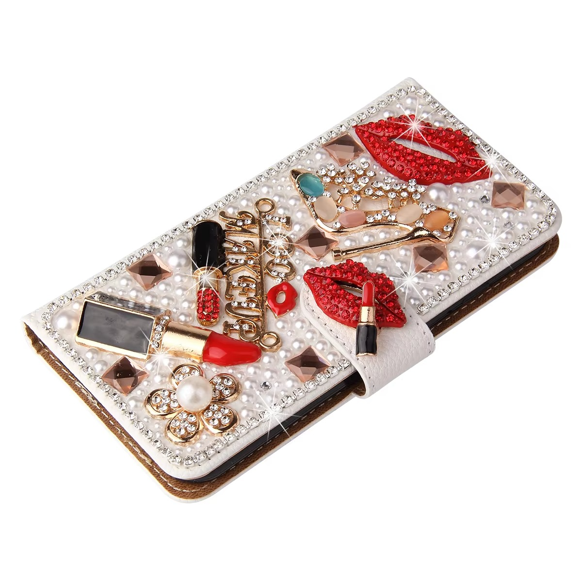 Luxury iPhone Bling Diamond Wallet Case — Flip Leather Cover with Rhinestone Lipstick Design, Card Slot Holder, Shockproof Protection, Stylish Sparkling Finish