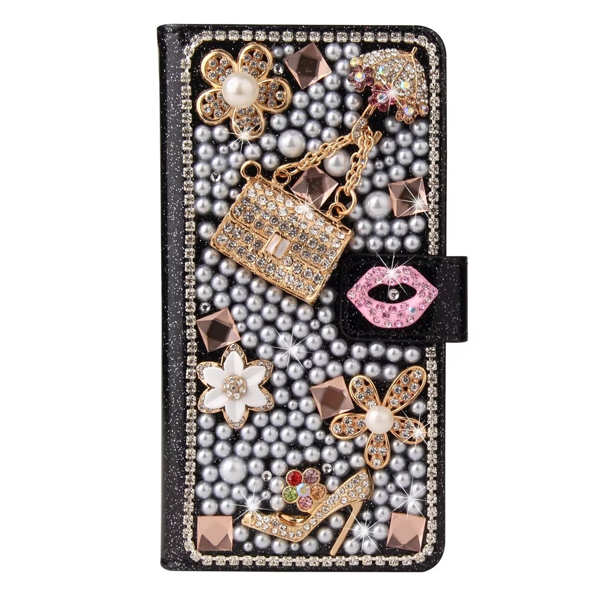 Luxury iPhone Bling Diamond Wallet Case — Flip Leather Cover with Rhinestone Lipstick Design, Card Slot Holder, Shockproof Protection, Stylish Sparkling Finish