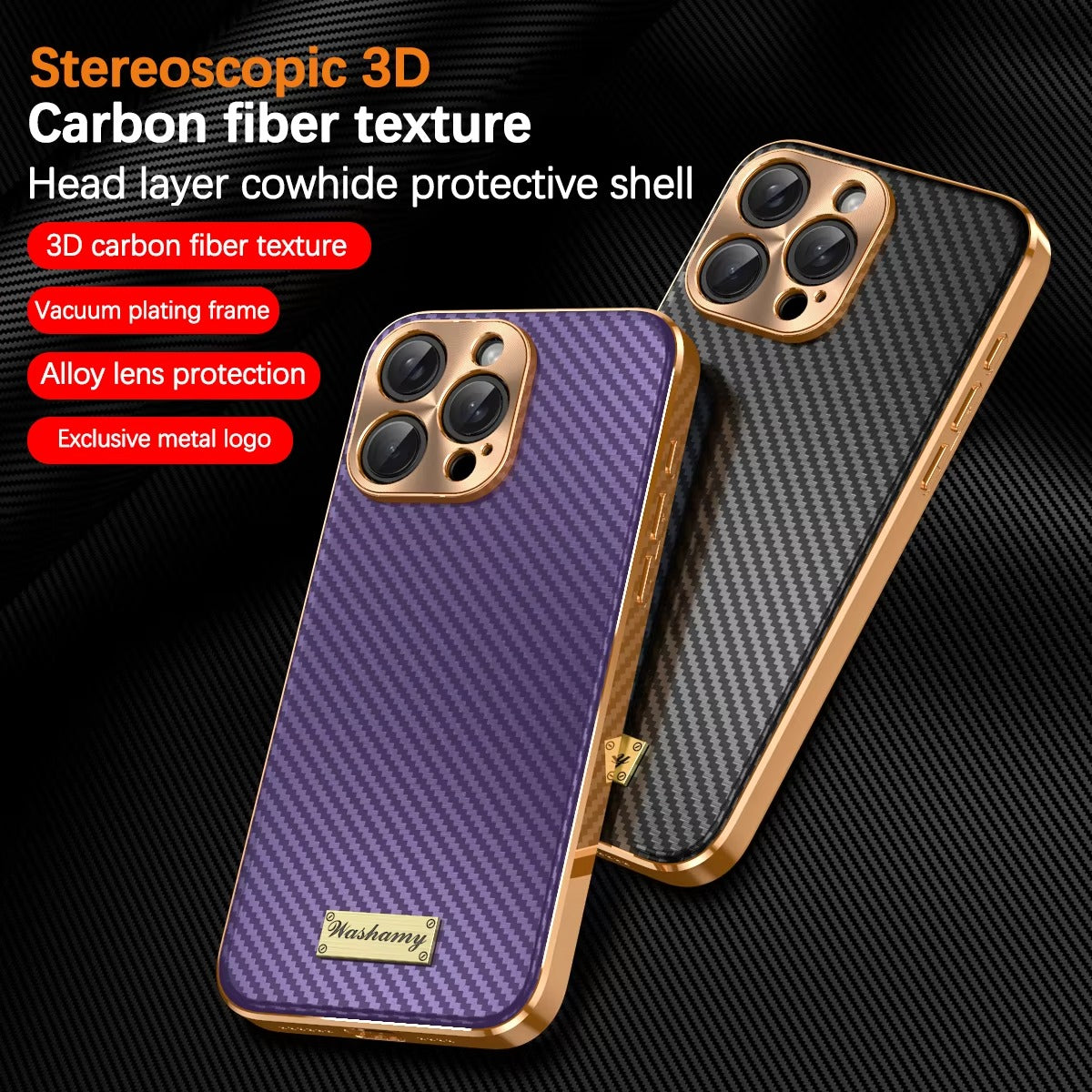 Luxury iPhone Case 3D Carbon Fiber Leather Cover — Plated Finish, Alloy Metal Lens Protection, Shockproof Non-Slip Design, Dustproof and Anti-Fingerprint