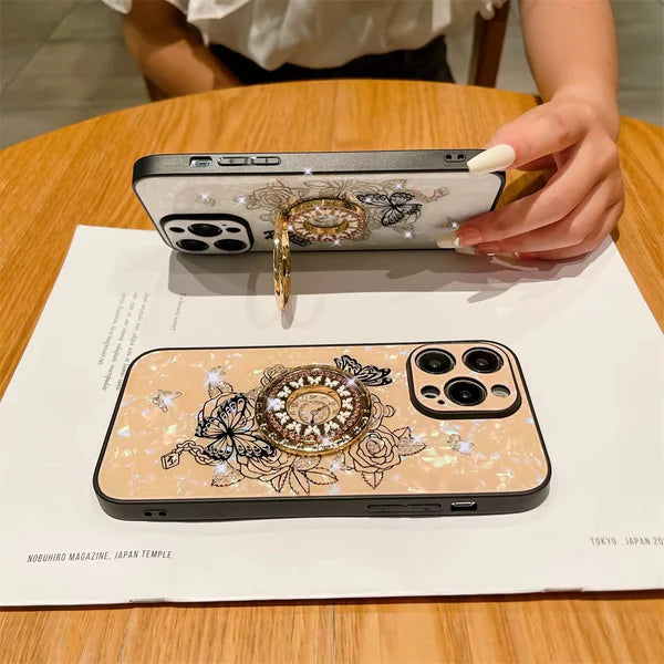 Luxury iPhone Case Butterfly Flower Pattern — Silicone Shockproof Cover with Diamond Ring Holder, Hard Protective Design, Anti-Fingerprint Scratch-Resistant Finish