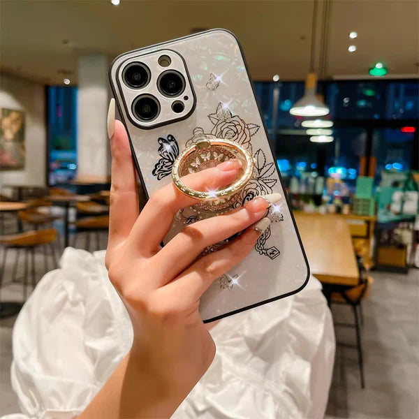 Luxury iPhone Case Butterfly Flower Pattern — Silicone Shockproof Cover with Diamond Ring Holder, Hard Protective Design, Anti-Fingerprint Scratch-Resistant Finish