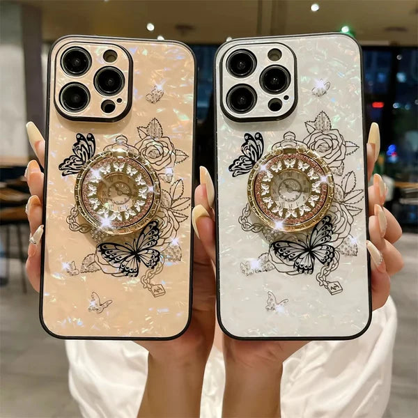 Luxury iPhone Case Butterfly Flower Pattern — Silicone Shockproof Cover with Diamond Ring Holder, Hard Protective Design, Anti-Fingerprint Scratch-Resistant Finish