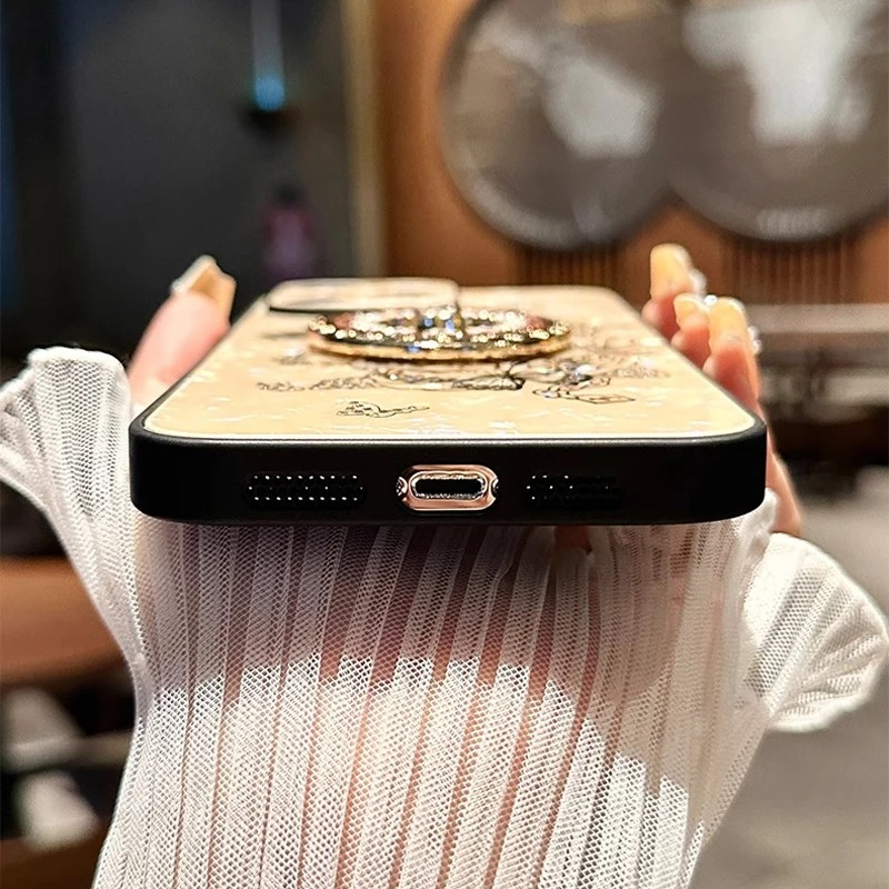 Luxury iPhone Case Butterfly Flower Pattern — Silicone Shockproof Cover with Diamond Ring Holder, Hard Protective Design, Anti-Fingerprint Scratch-Resistant Finish