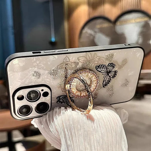 Luxury iPhone Case Butterfly Flower Pattern — Silicone Shockproof Cover with Diamond Ring Holder, Hard Protective Design, Anti-Fingerprint Scratch-Resistant Finish