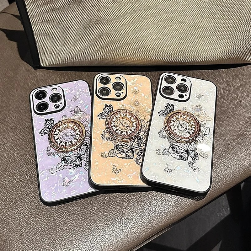 Luxury iPhone Case Butterfly Flower Pattern — Silicone Shockproof Cover with Diamond Ring Holder, Hard Protective Design, Anti-Fingerprint Scratch-Resistant Finish