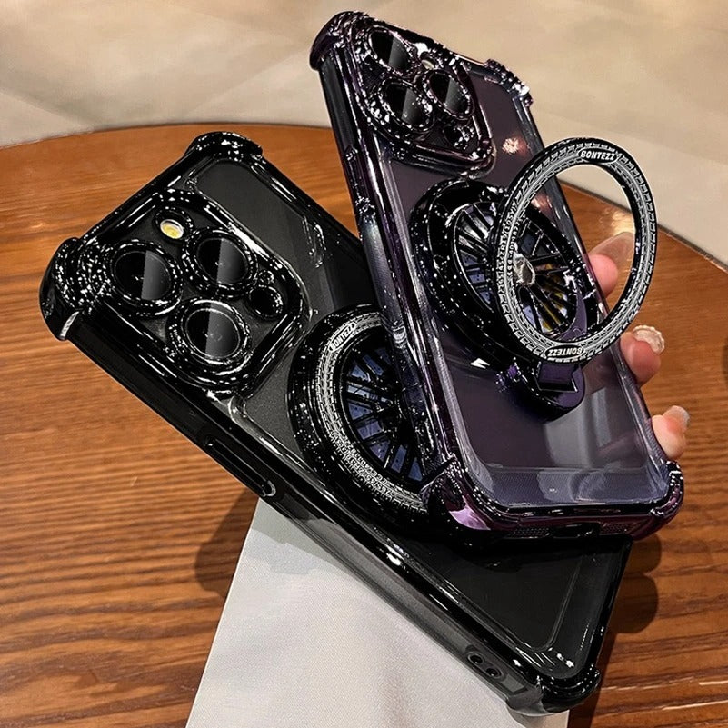 Luxury iPhone Case Clear Magnetic Bumper Cover — Rotating Gyroscopic Bracket Stand, Shockproof Protection, Anti-Fingerprint and Scratch-Resistant Design
