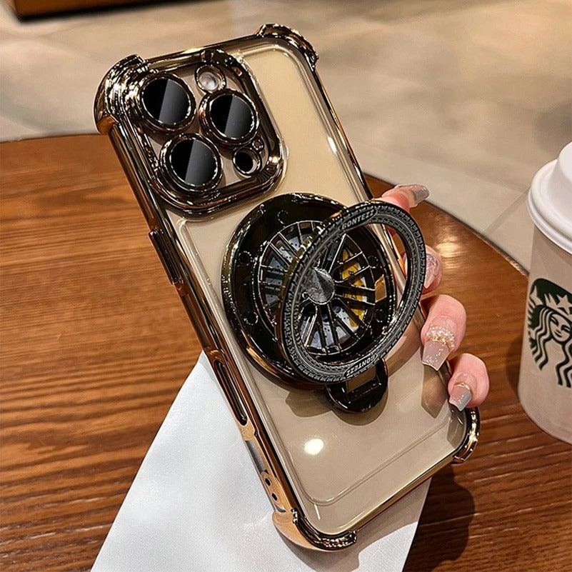 Luxury iPhone Case Clear Magnetic Bumper Cover — Rotating Gyroscopic Bracket Stand, Shockproof Protection, Anti-Fingerprint and Scratch-Resistant Design